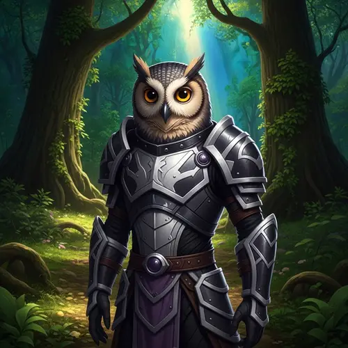 Owl-Man in Light Black and Purple Armor | Forest Scene