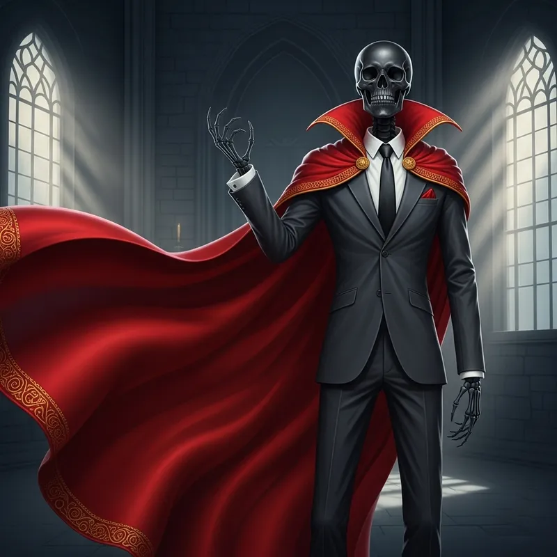 Black Skeleton in Red Cape and Suit Art