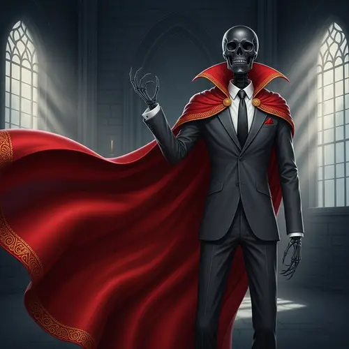 Black Skeleton in Red Cape and Suit Art