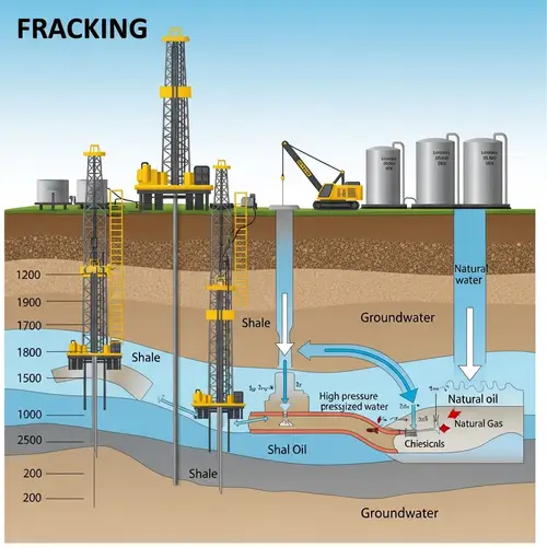 Fracking Process Illustration: Earth Layers, Drilling Rigs, Hydraulic Fracturing