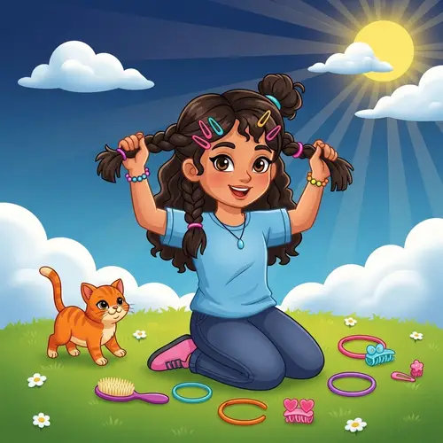 Hispanic Girl Cartoon: Hairstyle Fun with Kitten on Sunny Lawn