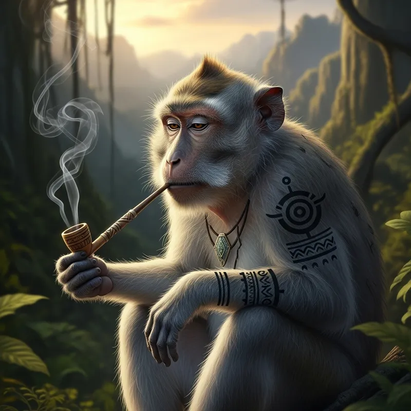 Wisdom in Smoke: Majestic Monkey Tattoo in Ancient Jungle
