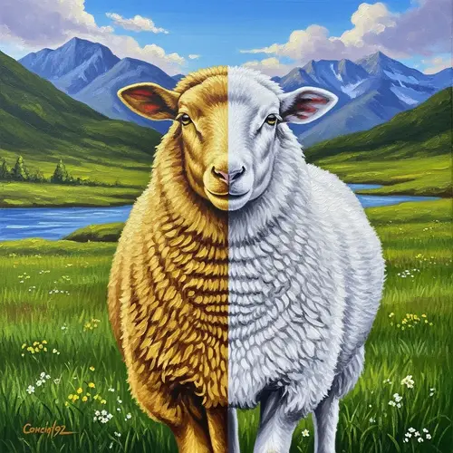 Golden and White Sheep in Scenic Oil Painting Landscape