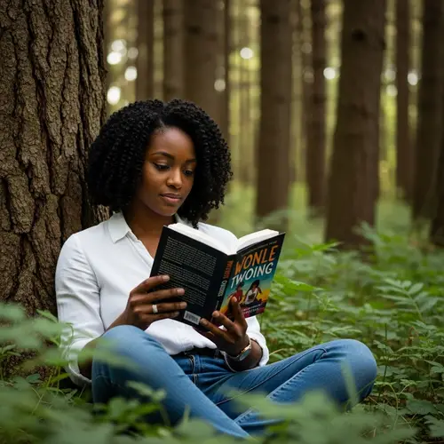 Serenely Reading African-American Woman in Forest