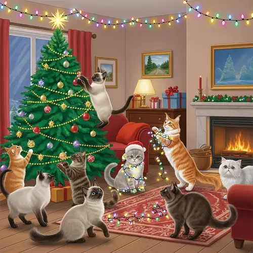 Festive Scene of Cats Enjoying Christmas Decorations