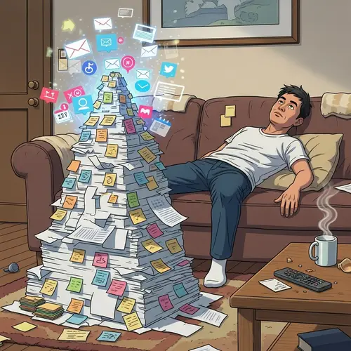 Overwhelmed Asian Man on Sofa Facing Mountain of Tasks