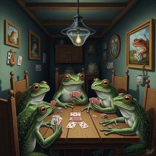 Whimsical Frogs Card Game in Surreal Lighting