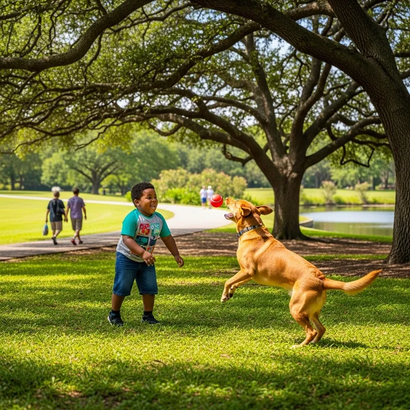 Playful Moment: Black Kid with Big Stomach and Dog in Park Playful Moment: Black Kid with Big Stomach and Dog in Park