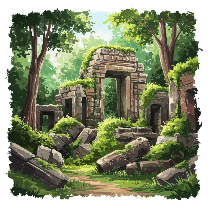 Mysterious Ancient Ruins in Lush Watercolor Style