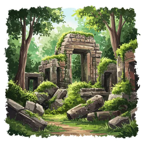 Mysterious Ancient Ruins in Lush Watercolor Style