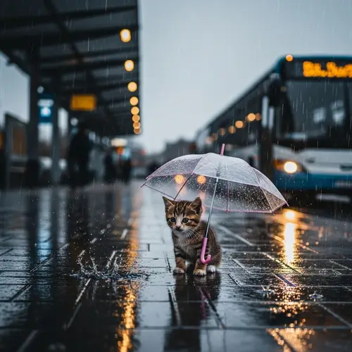 Adorable Kitten in Rainy Bus Station
