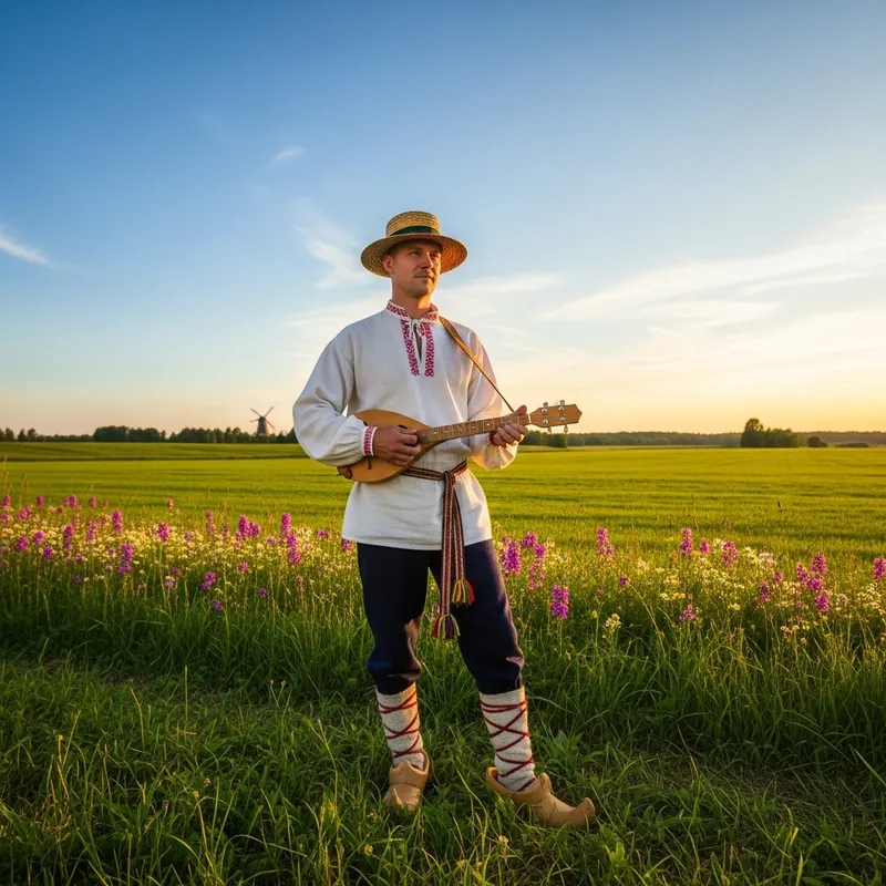 Lithuanian Man in Traditional Attire with Kanklės in Green Field
