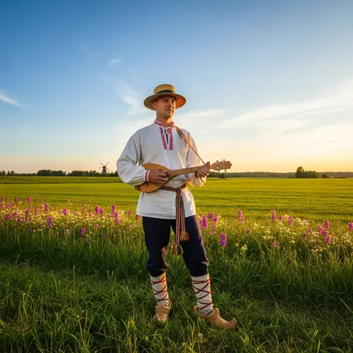Traditional Lithuanian Man with Kanklės in Lush Field
