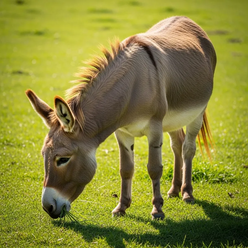 Detailed Image of Gentle Donkey Grazing in Green Pasture