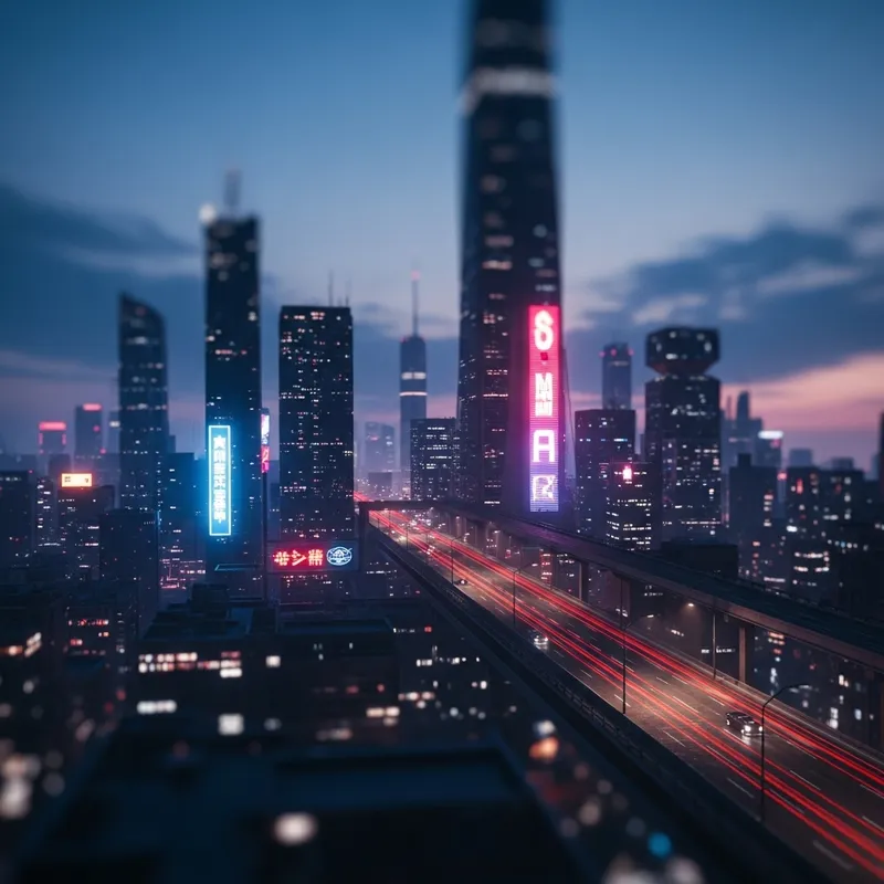 Futuristic Cyberpunk Cityscape at Dusk - Miniature Effect Futuristic Cyberpunk Cityscape at Dusk - Miniature Effect