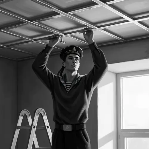 Vintage-Style Digital Painting of Russian Sailor Renovating High-Tech Apartment