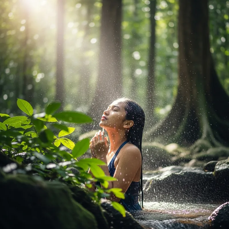 Beautiful Girl Bathing Under Waterfall in a Forest Beautiful Girl Bathing Under Waterfall in a Forest