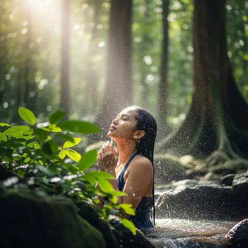 Tranquil Southeast Asian Girl Bathing Under Forest Waterfall