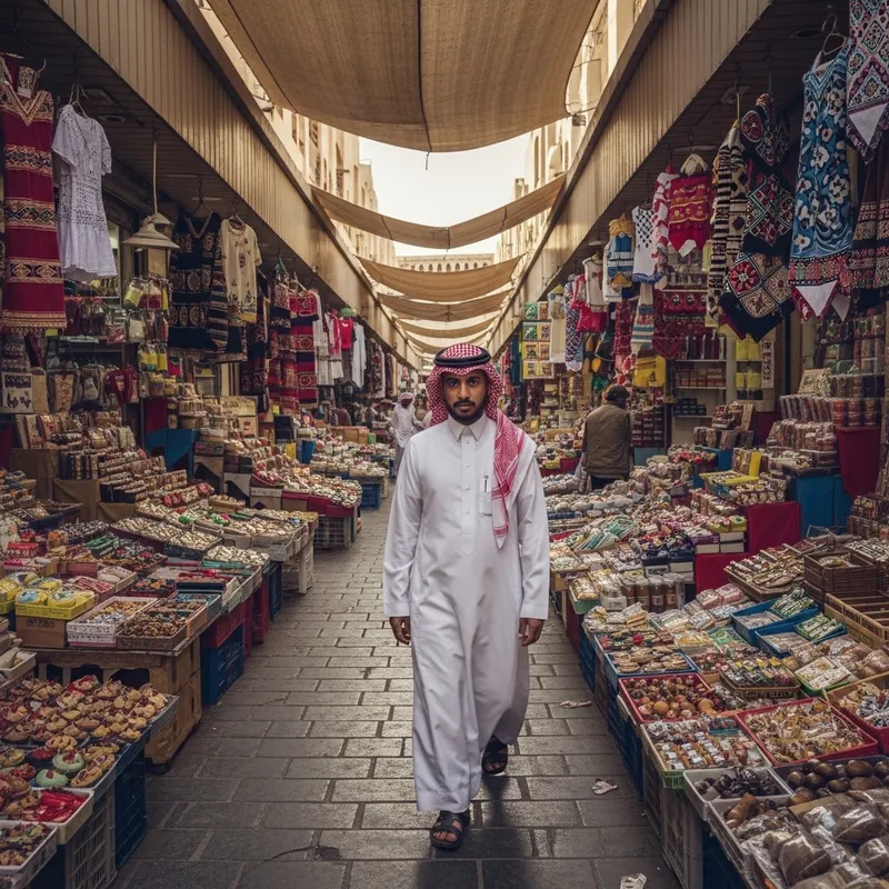 Saudi Arabian Man in Traditional Attire Amid Bustling Market Saudi Arabian Man in Traditional Attire Amid Bustling Market
