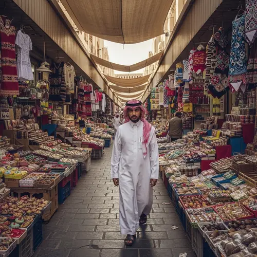 Saudi Arabian Man Traditional Attire in Vibrant Market Setting