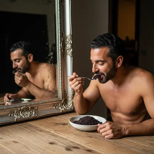Middle-Eastern Man Enjoying Black Rice Meal | Reflection in Mirror