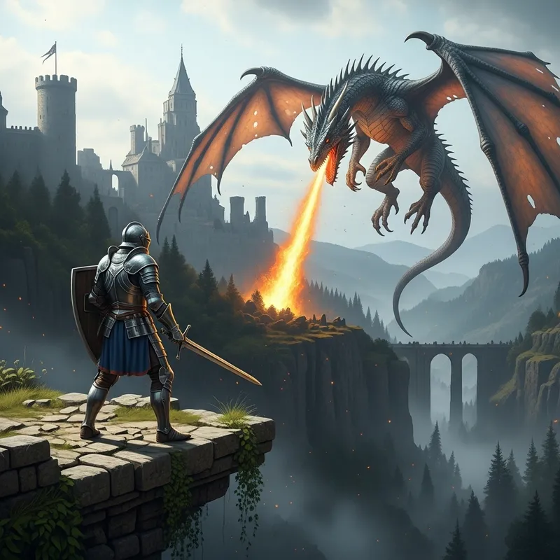 Epic Knight and Dragon Battle - Mystical Castle Scene with Fiery Ambiance
