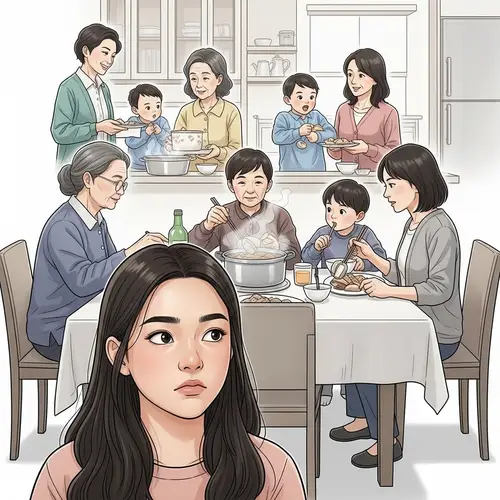Detailed Asian Family Dinner Scene Illustration with Teenage Girl Distracted