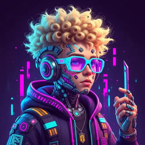 Futuristic Cyber Avatar with Blonde Curly Hair - Digital Design