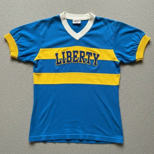 1950s Style Blue Soccer Jersey with Yellow Stripes - Liberty