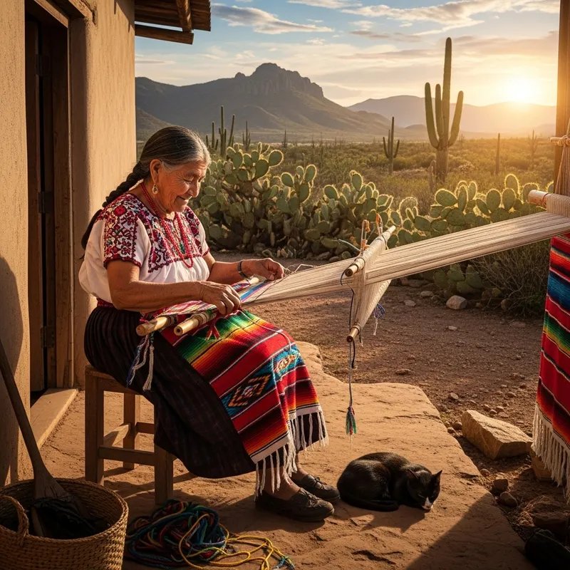 Authentic Mexican Elderly Woman Weaving Colorful Blanket