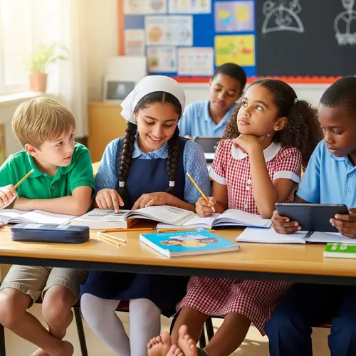 Eccentric Middle-Eastern girl in school uniform studying with friends