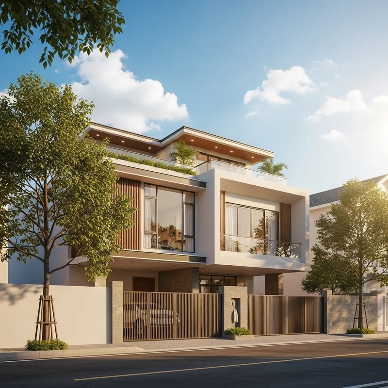 Modern House in Da Nang City with Warm Tones and Sunny Weather