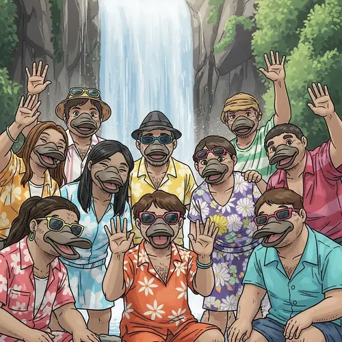 Unique Platypus-Faced People Gathering by Cascading Waterfall
