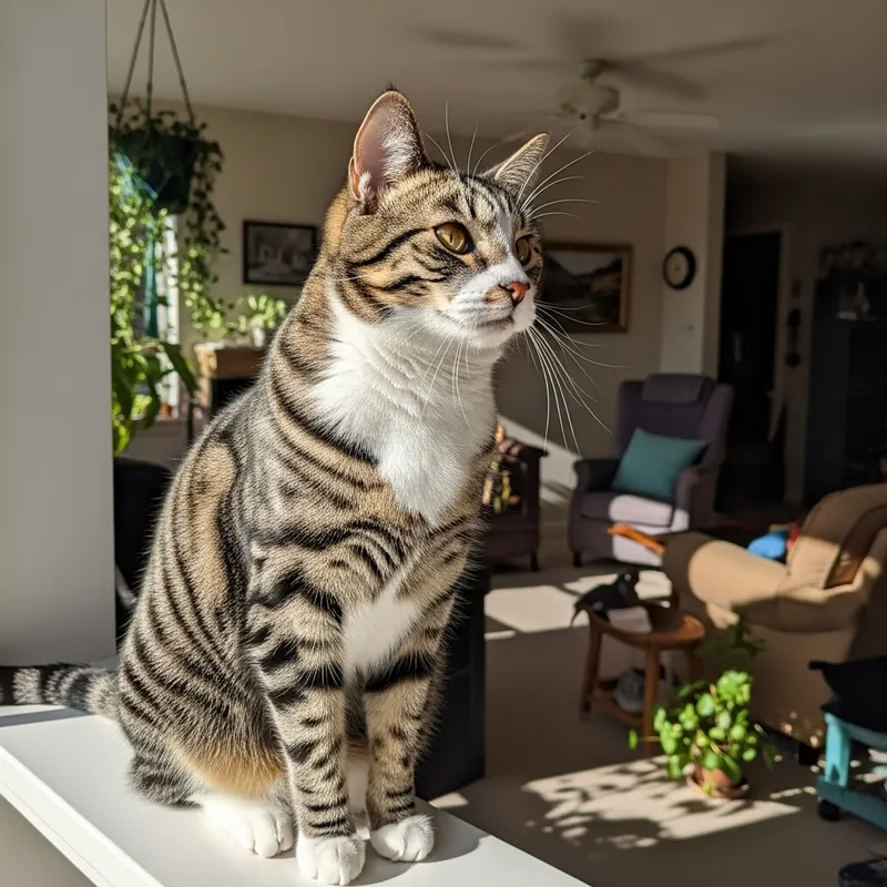 Beautiful Tabby Cat Sunbathing on Windowsill
