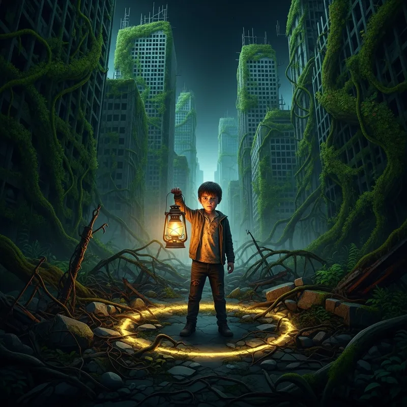 Apocalyptic World: Boy with Lantern in Dark Landscape Illuminating Face