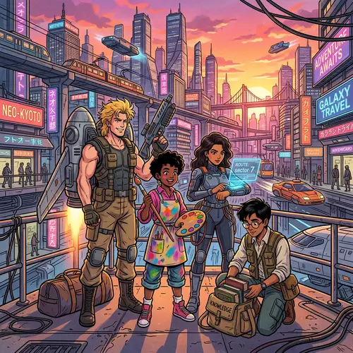 Classic 80s Anime Scene: Adventurers Preparing for Journey in Futuristic City