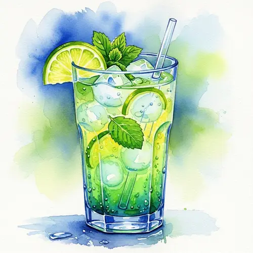 Watercolor Painting of Refreshing Drink in Tall Glass
