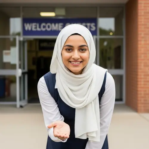 High School Student Wearing Hijab Welcomes Guests with Warm Smile