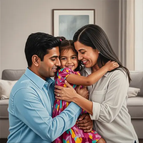 Diverse Family Love in Cozy Home | Heartwarming Oil Painting