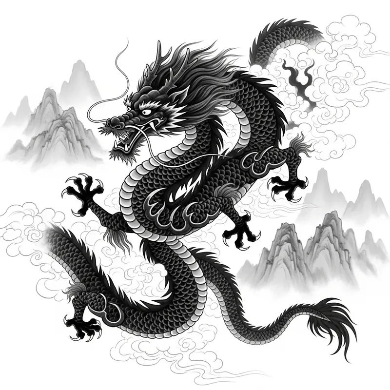 Traditional Chinese Ink Painting of a Mighty Dragon Traditional Chinese Ink Painting of a Mighty Dragon