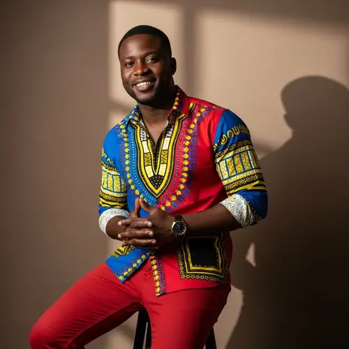 Vibrant Black Man in Colorful Shirt & Red Jeans