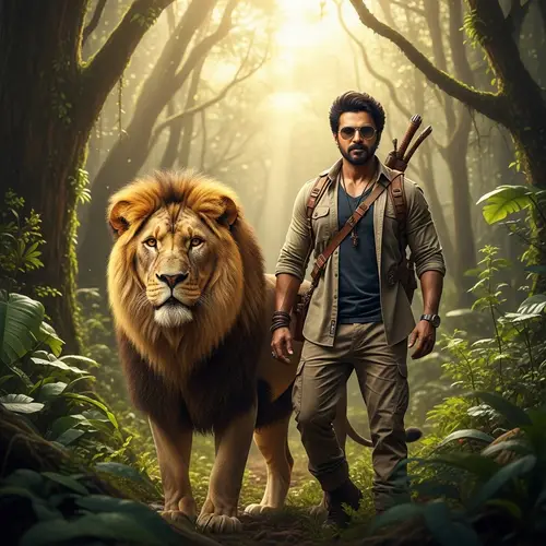 Majestic Lion and Adventurous Man in Lush Jungle