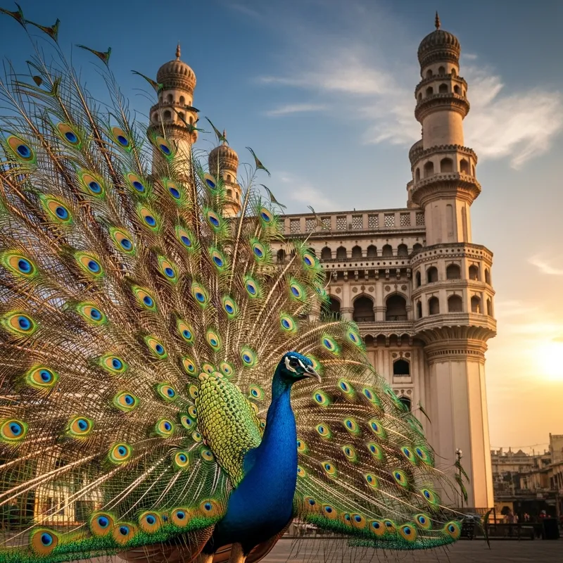 Colorful Peacock at Charminar | Majestic Hyderabad Sunset Colorful Peacock at Charminar | Majestic Hyderabad Sunset