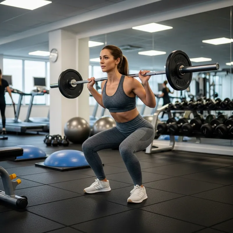 Mid-Thirties Caucasian Woman Doing Barbell Squats in Well-Lit Gym Mid-Thirties Caucasian Woman Doing Barbell Squats in Well-Lit Gym