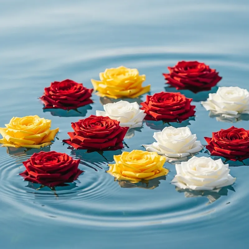 Colorful Floating Roses in Calm Blue Sea