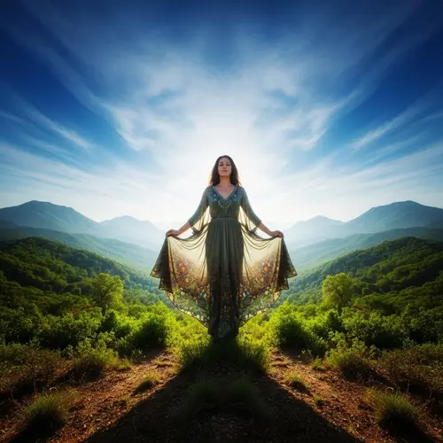 Hispanic Woman Connecting Sky and Earth in Harmonious Blend
