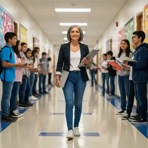 Confident Hispanic Geography Teacher in Middle School Setting