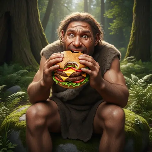 Neanderthal enjoying a hamburger in natural setting