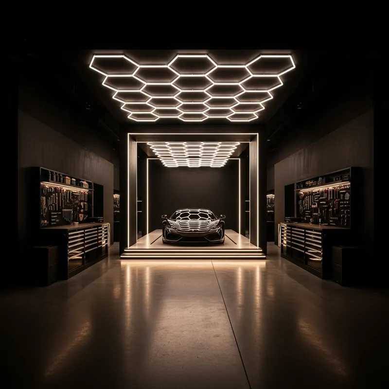 Modern Garage Interior Design | Symmetrical Hexagon Lighting