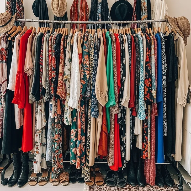 Fashion Collection: Dresses, Shirts, Pants & Coats on Clothes Rack Fashion Collection: Dresses, Shirts, Pants & Coats on Clothes Rack